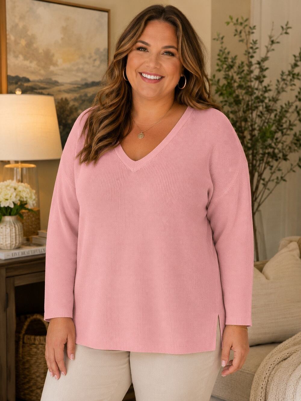 NWT J. Jill Pink V-Neck Tea Rose Pullover Sweater XL-P